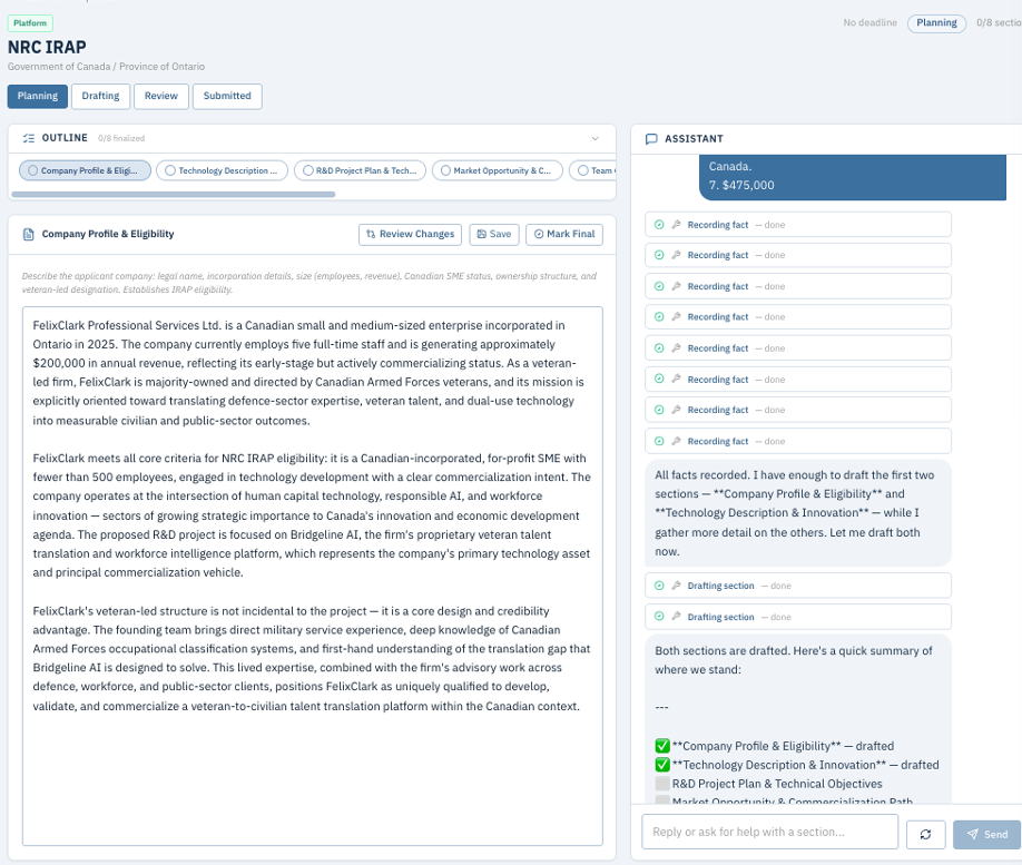 GrantSniper guided-submission workspace with a human-editable proposal outline, draft content, recorded facts, assistant progress, and review controls.